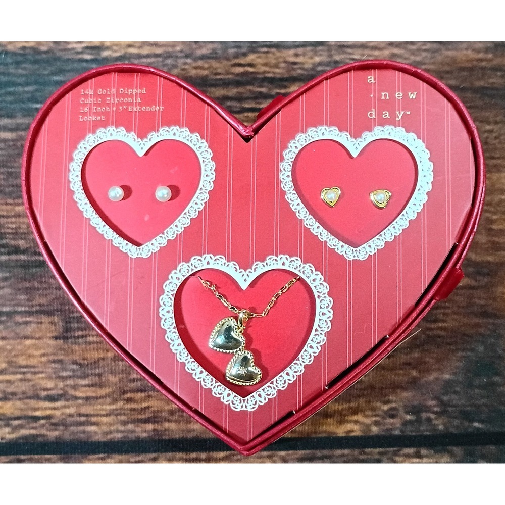 A‎ New Day 14k Gold Dipped Heart Locket Necklace and Earring Set Cubic Zirconia